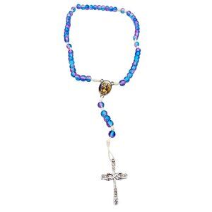 Child Rosary Necklace Blue Pink Beads Metal Cross Holy Family Picture Catholic